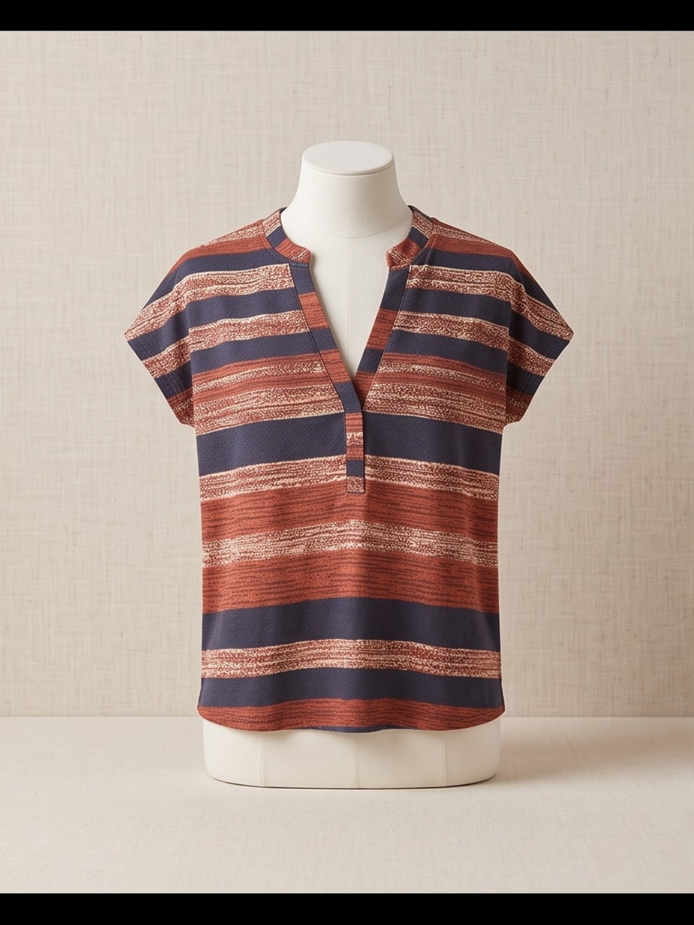 Striped V-Neck Cap Sleeve Top in Rust and Navy